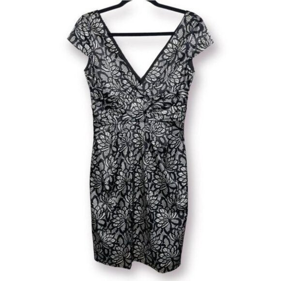 Maggy London Size 6 Black White Floral Lace Print Satin VNeck Sheath Event Dress - Picture 1 of 10